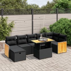   8 részes fekete polyrattan kerti ülőgarnitúra párnákkal