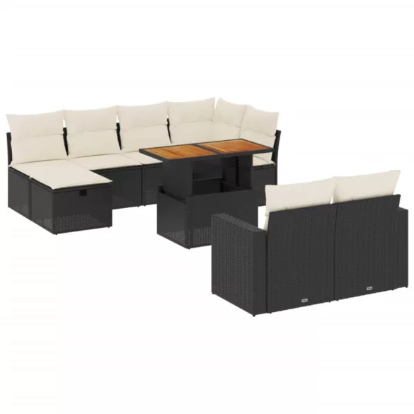 11 részes fekete polyrattan kerti ülőgarnitúra párnákkal