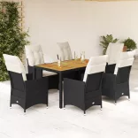 7 részes fekete polyrattan kerti étkezőgarnitúra párnával