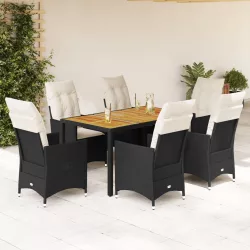   7 részes fekete polyrattan kerti étkezőgarnitúra párnával