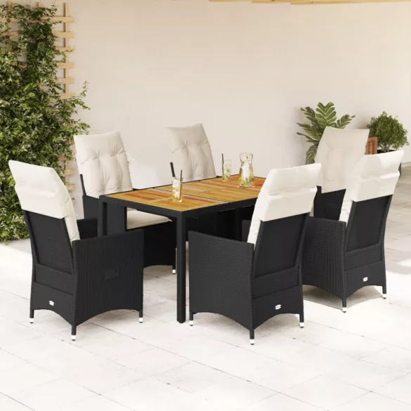 7 részes fekete polyrattan kerti étkezőgarnitúra párnával