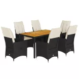 7 részes fekete polyrattan kerti étkezőgarnitúra párnával