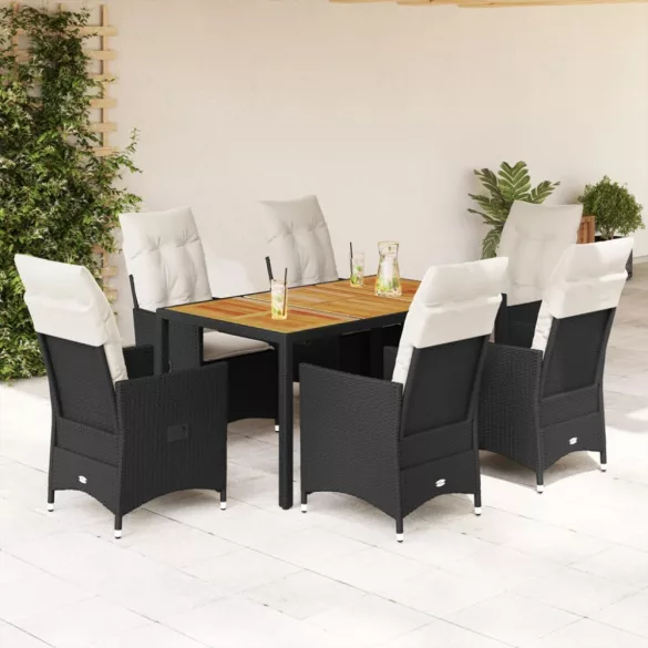 7 részes fekete polyrattan kerti étkezőgarnitúra párnával