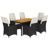 7 részes fekete polyrattan kerti étkezőgarnitúra párnával