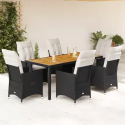   7 részes fekete polyrattan kerti étkezőgarnitúra párnával