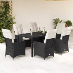   7 részes fekete polyrattan kerti étkezőgarnitúra párnával