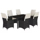 7 részes fekete polyrattan kerti étkezőgarnitúra párnával