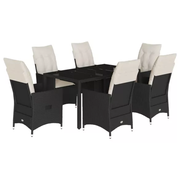 7 részes fekete polyrattan kerti étkezőgarnitúra párnával
