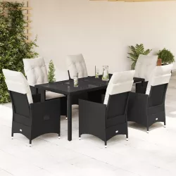   7 részes fekete polyrattan kerti étkezőgarnitúra párnával