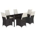 7 részes fekete polyrattan kerti étkezőgarnitúra párnával