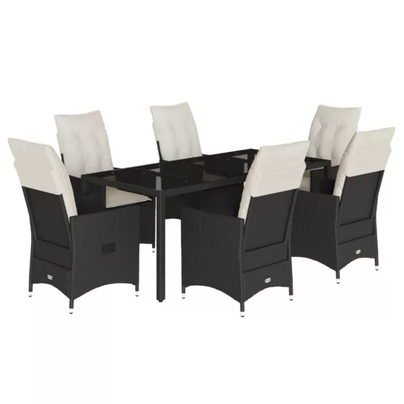 7 részes fekete polyrattan kerti étkezőgarnitúra párnával