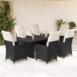   7 részes fekete polyrattan kerti étkezőgarnitúra párnával