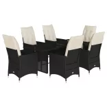 7 részes fekete polyrattan kerti étkezőgarnitúra párnával