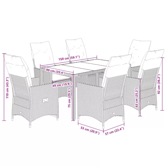 7 részes szürke polyrattan kerti étkezőgarnitúra párnával