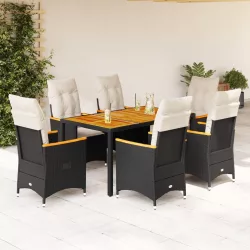   7 részes fekete polyrattan kerti étkezőgarnitúra párnával