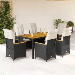   7 részes fekete polyrattan kerti étkezőgarnitúra párnával