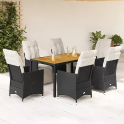   7 részes fekete polyrattan kerti étkezőgarnitúra párnával