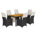 7 részes fekete polyrattan kerti étkezőgarnitúra párnával