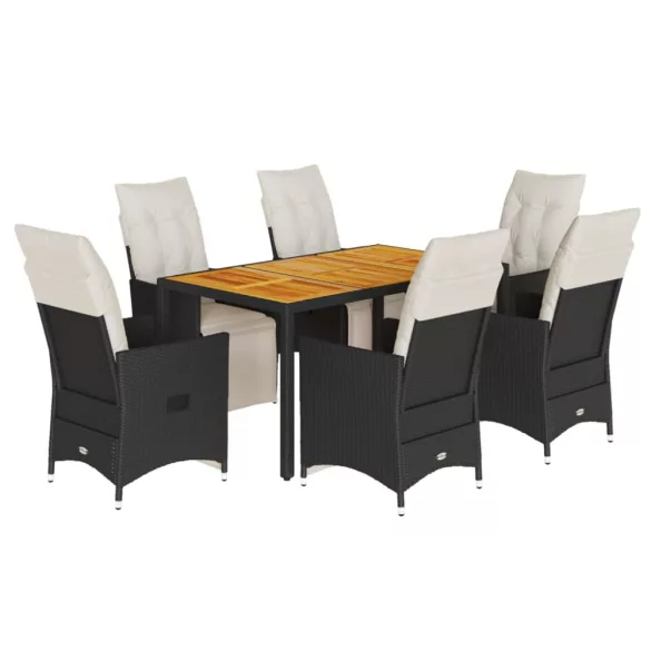 7 részes fekete polyrattan kerti étkezőgarnitúra párnával