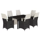 7 részes fekete polyrattan kerti étkezőgarnitúra párnával
