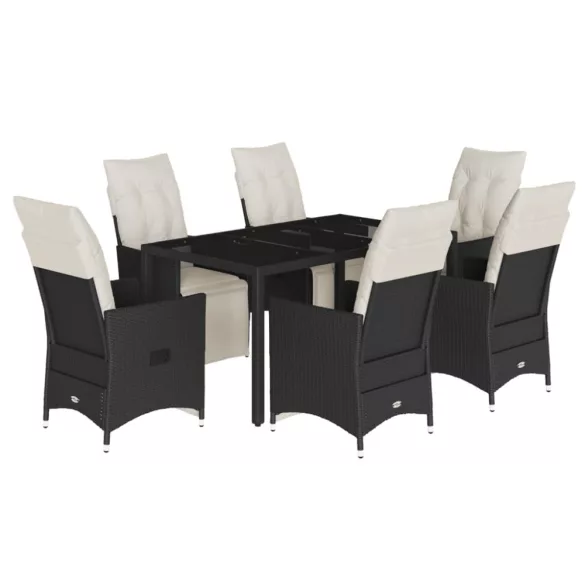 7 részes fekete polyrattan kerti étkezőgarnitúra párnával