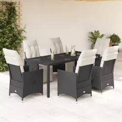   7 részes fekete polyrattan kerti étkezőgarnitúra párnával