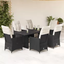   7 részes fekete polyrattan kerti étkezőgarnitúra párnával