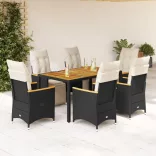 7 részes fekete polyrattan kerti bisztrógarnitúra párnákkal