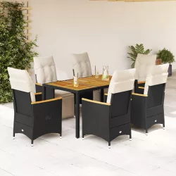   7 részes fekete polyrattan kerti bisztrógarnitúra párnákkal