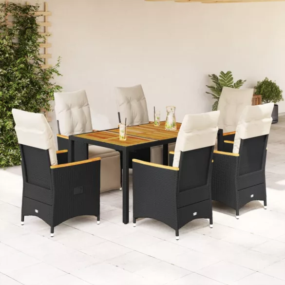 7 részes fekete polyrattan kerti bisztrógarnitúra párnákkal