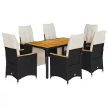 7 részes fekete polyrattan kerti bisztrógarnitúra párnákkal