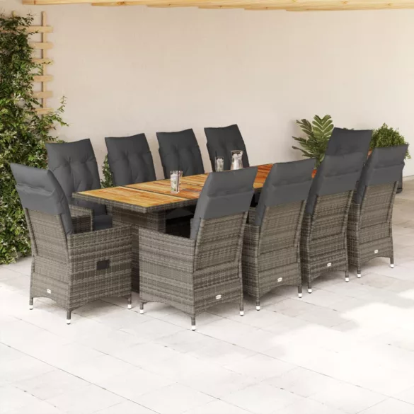 11 részes szürke polyrattan kerti bisztrógarnitúra párnákkal