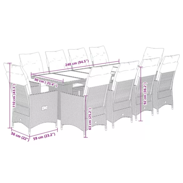 11 részes szürke polyrattan kerti bisztrógarnitúra párnákkal