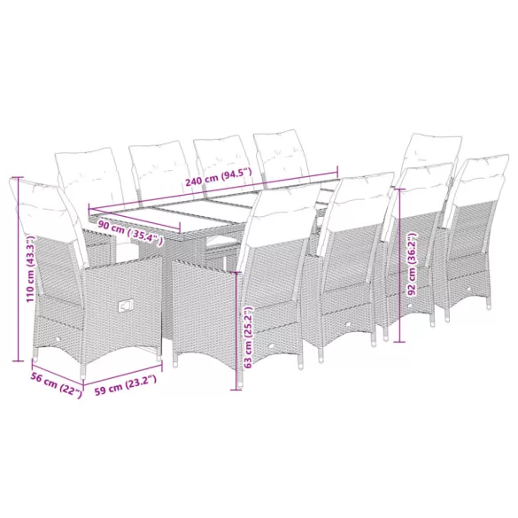 11 részes szürke polyrattan kerti bisztrógarnitúra párnákkal