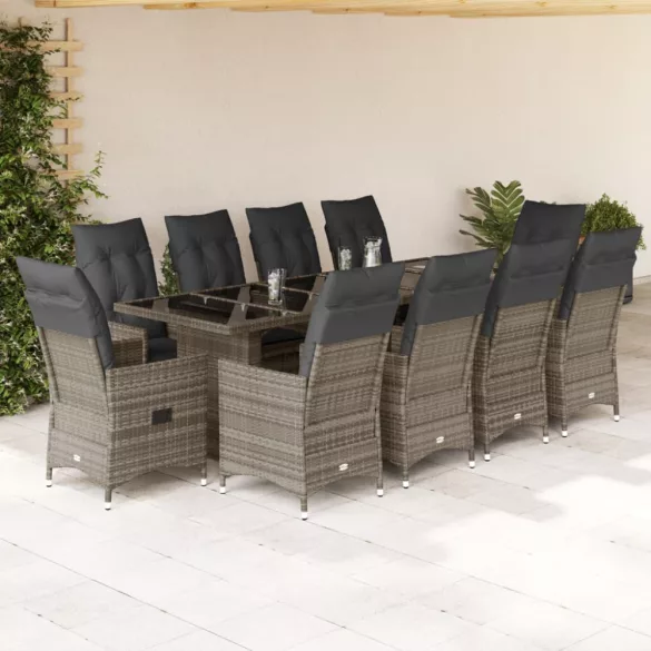 11 részes szürke polyrattan kerti bisztrógarnitúra párnákkal