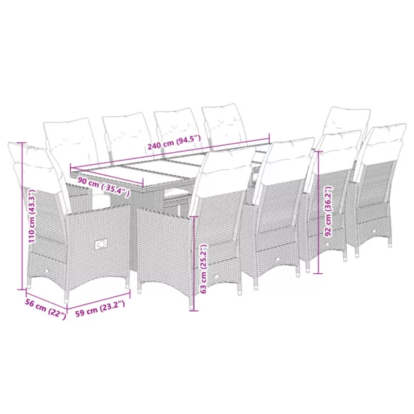 11 részes szürke polyrattan kerti bisztrógarnitúra párnákkal