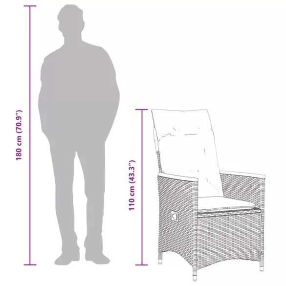 9 részes fekete polyrattan kerti bisztrógarnitúra párnákkal