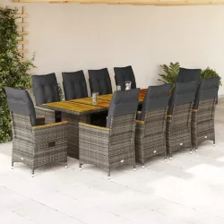   11 részes szürke polyrattan kerti bisztrógarnitúra párnákkal