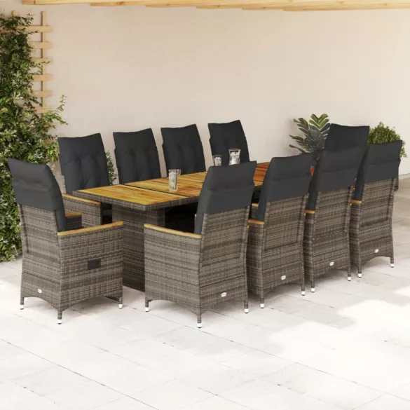 11 részes szürke polyrattan kerti bisztrógarnitúra párnákkal