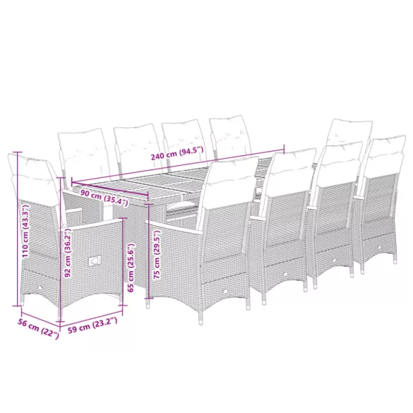 11 részes szürke polyrattan kerti bisztrógarnitúra párnákkal