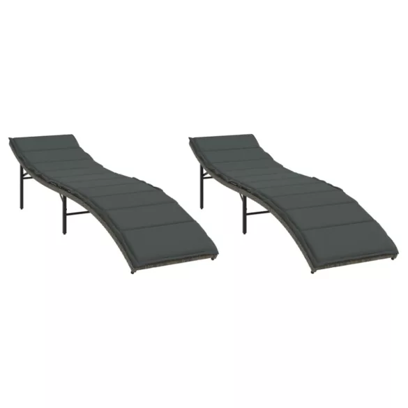 2 db szürke polyrattan napozóágy párnával