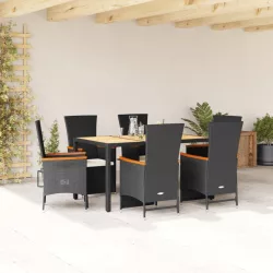   7 részes fekete polyrattan kerti étkezőgarnitúra párnával