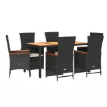 7 részes fekete polyrattan kerti étkezőgarnitúra párnával