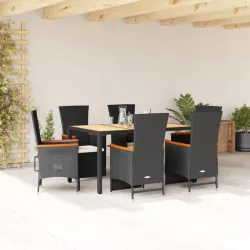   7 részes fekete polyrattan kerti étkezőgarnitúra párnával
