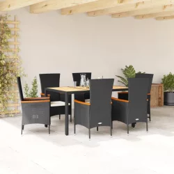   7 részes fekete polyrattan kerti étkezőgarnitúra párnával