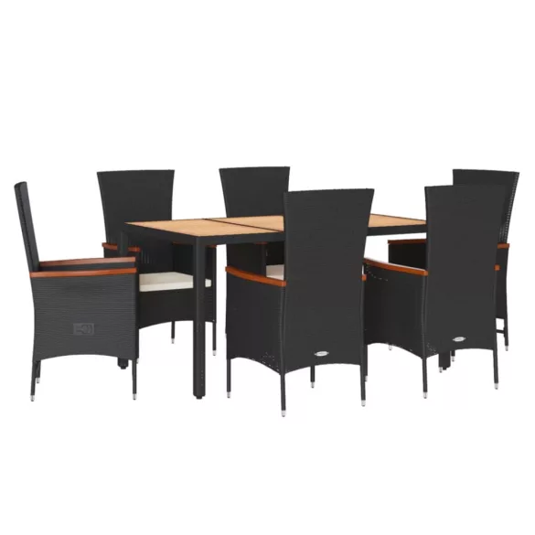 7 részes fekete polyrattan kerti étkezőgarnitúra párnával
