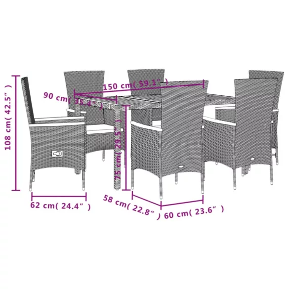 7 részes fekete polyrattan kerti étkezőgarnitúra párnával
