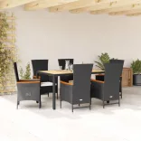 7 részes fekete polyrattan kerti étkezőgarnitúra párnával