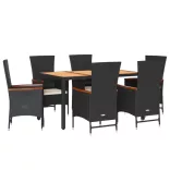 7 részes fekete polyrattan kerti étkezőgarnitúra párnával
