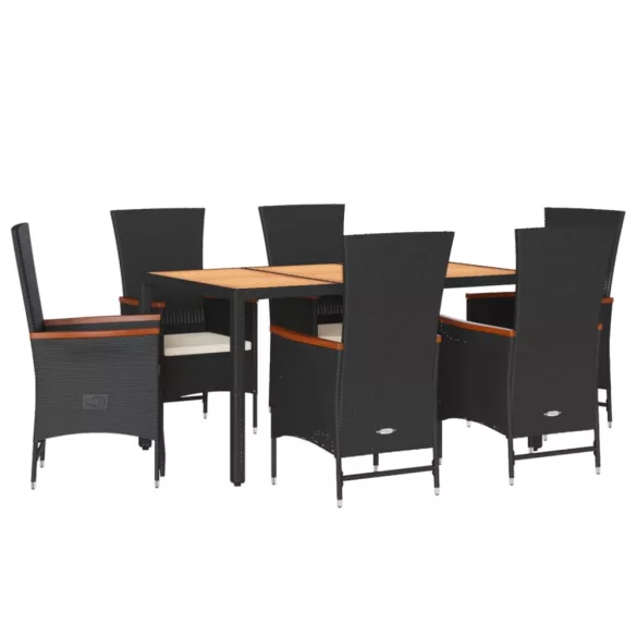 7 részes fekete polyrattan kerti étkezőgarnitúra párnával